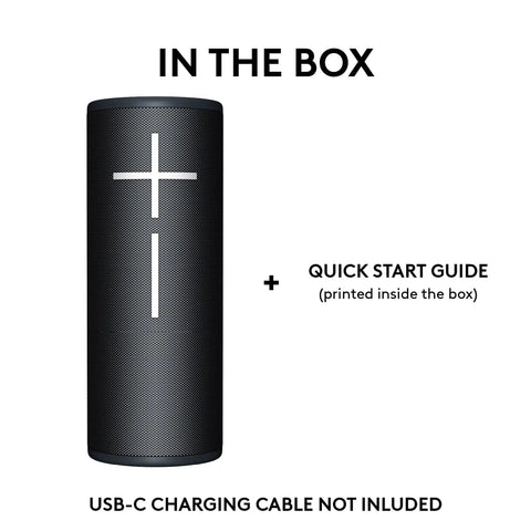 Megaboom 4 Portable Waterproof Bluetooth Speaker With Killer Immersive 360 Degree Sound And Balanced Bass 20 Hour Battery Life Floating Design 147 Feet Range Black, shown in box with quick start guide, USB-C cable not included