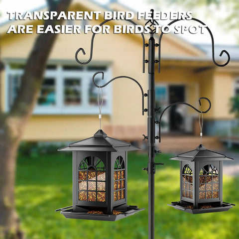 Two Pack Outdoor Hanging Bird Feeders With One Minute Easy Assembly Classic Courtyard Design Attract Cardinals Chickadees Goldfinches Sparrows Total Seven Pound Capacity Black installed.