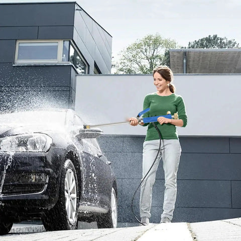 Person using Jet Nozzle Pressure Washer Hose Attachment Be a Cleaning Beast With This Power Wand For Garden Gutter Window And Car Cleaning Blue