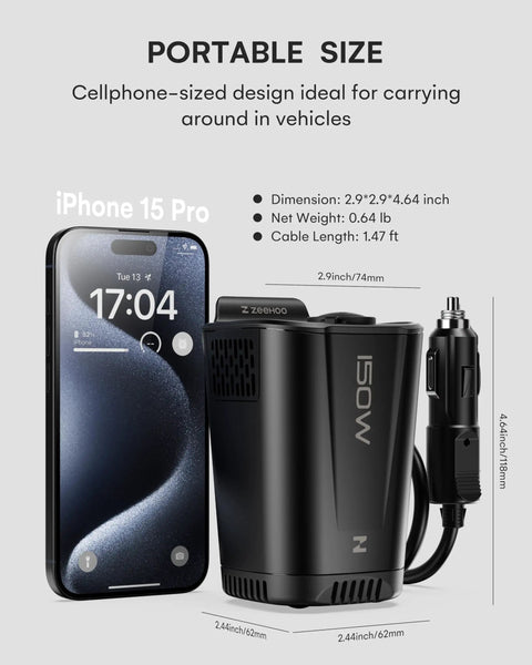 Heavy Duty 150W Car Power Inverter That Smoothly Converts 12V DC To 110V AC featuring portable size alongside iPhone 15 Pro for scale.