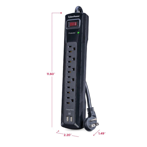 Six Pack Professional Surge Protector Power Strip Bundle With 6 Outlets 1200J Surge Shield 2 USB Ports 4ft Cord Black