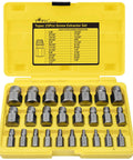25 Piece Screw Extractor Set With Hex Head Multi-Spline Easy Out Bolt Remover In Premium CR-MO Steel displayed in yellow case