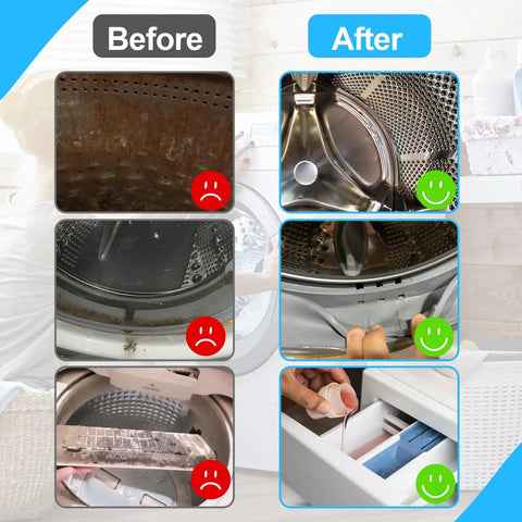 Before and after cleaning images showing grime removal using Get That Crisp Laundry Glow With This Washing Machine Cleaning Brush Kit Built For Top Load And Front Load Washers To Slap Off Grime And Reach Those Tight Crevices Easily Without Breaking A Sweat On Your Next Chore.