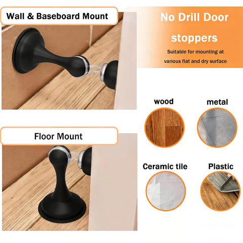 Magnetic Door Stop Six Pack No Drill Stainless Steel Door Stopper with 3M Double Sided Adhesive Tape installed on wall and floor