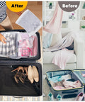 Before and after using 100 Pack Frosted Plastic Clothing Bags With Zipper Closure 10x13 Inches Durable Matte Finish For Shipping And Travel Storage Ideal For Shirts Socks Underwear And Documents No Vent Holes, showcasing organized and tidy suitcase.