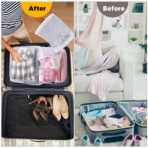 Before and after using 100 Pack Frosted Plastic Clothing Bags With Zipper Closure 10x13 Inches Durable Matte Finish For Shipping And Travel Storage Ideal For Shirts Socks Underwear And Documents No Vent Holes, showcasing organized and tidy suitcase.