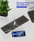 Recessed Power Strip With USB Ports And 10W Wireless Charging Station For Desk Or Table with phone and keyboard