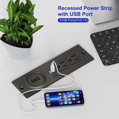 Recessed Power Strip With USB Ports And 10W Wireless Charging Station For Desk Or Table with phone and keyboard