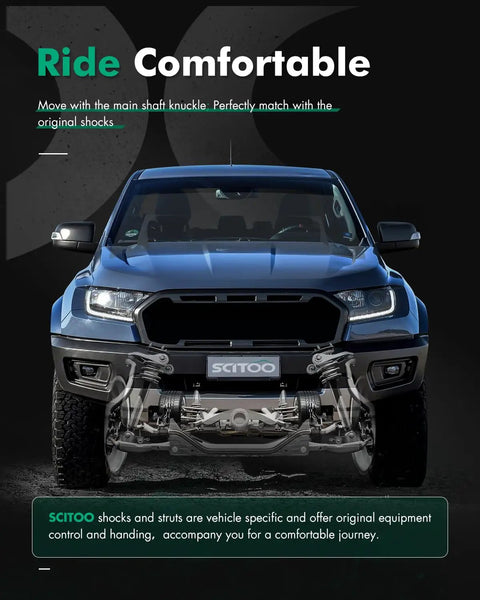 Front view of a blue vehicle showcasing rear gas shock absorbers for smooth ride.