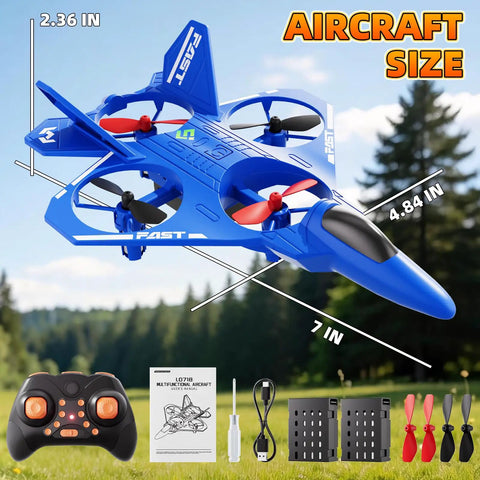 Kid Friendly RC Airplane Drone With One Key Takeoff Landing Headless Mode 360 Degree Flips Auto Hover For Beginners Outdoor Flying Toy Gift For Boys displayed with controller and accessories, blue color, 7-inch size, outdoor setting.