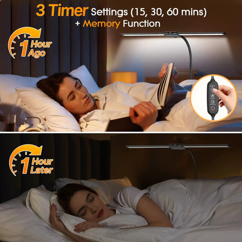 Person relaxing with 3 In 1 LED Floor Lamp Desk Clamp On With Remote Control, showing 1-hour timer use and dimmable light in bedroom.