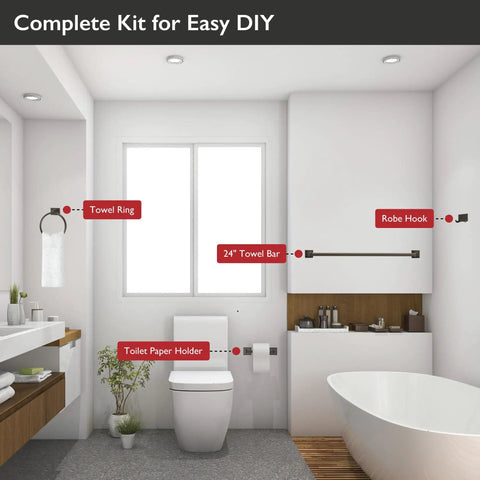 Modern bathroom featuring Oil Rubbed Bronze 4 Piece Bathroom Accessory Set with Concealed Screws and labeled components.