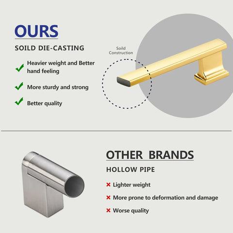 Comparison between solid brushed gold cabinet handle and hollow pipe handle from other brands