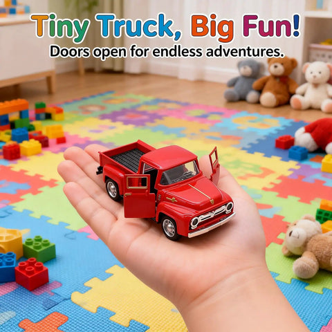Child holding Red Pickup Truck Toy For Kids And Fam Doubles As Holiday Mantel And Table Decor A Pull And Go Vehicle