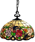 Tiffany Style Hanging Pendant Lamp With Stained Glass White Hummingbird Pattern Two Light Fixture for Bedroom and Living Room