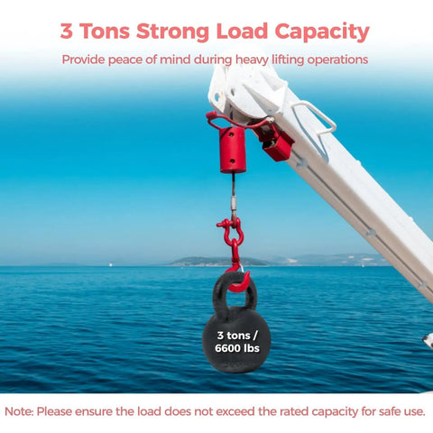 Heavy Duty Alloy Steel Swivel Lifting Hook With Secure Safety Latch Boasts 6600 Pound Load Capacity hanging from crane over water background.