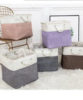 Chunky Foldable Linen Fabric Storage Basket With Tough Cotton Rope Handles, Collapsible Cube Bin For Closets, Laundry Hampers And Laid Back Home Organization, Quick Fold Space Saver in assorted colors.