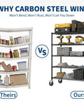 Comparison of wire shelves: left with kitchen supplies, right with Heavy Duty Rolling Wire Shelving Cart With Five Adjustable Steel Shelves And Locking Swivel Wheels And Hella Solid 640 Lbs Per Tier Build For Garage Pantry Or Basement Storage.
