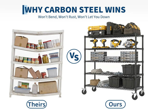 Comparison of wire shelves: left with kitchen supplies, right with Heavy Duty Rolling Wire Shelving Cart With Five Adjustable Steel Shelves And Locking Swivel Wheels And Hella Solid 640 Lbs Per Tier Build For Garage Pantry Or Basement Storage.