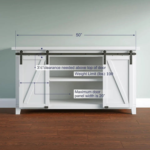 Five Foot Mini Double Door Sliding Barn Door Hardware Kit For Cabinets TV Stands And Wardrobes on white cabinet display