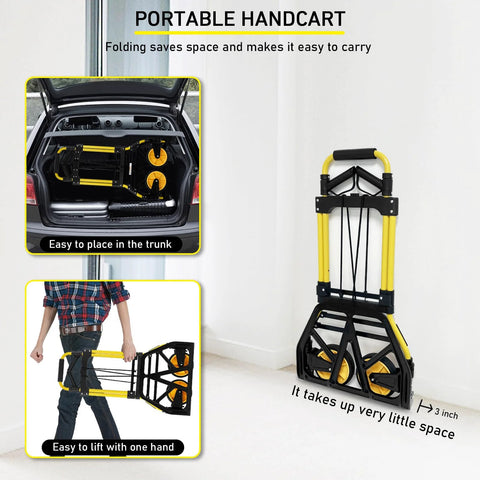 Folding aluminum hand truck and dolly by Amazon with yellow wheels and retractable handle