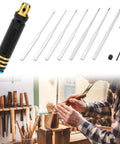 Hardcore Tungsten Steel Scribing Chisel Set Featuring Seven Ultra Slick Blades Spanning Point One To Two Millimeters With Dead On Accuracy For Smooth Resin And Scale Model Detail Crafting, showing tools on a workbench.