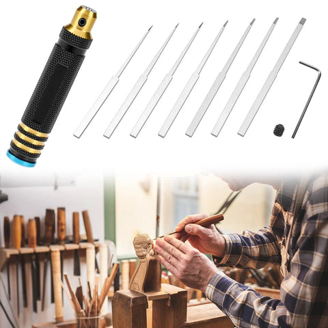 Hardcore Tungsten Steel Scribing Chisel Set Featuring Seven Ultra Slick Blades Spanning Point One To Two Millimeters With Dead On Accuracy For Smooth Resin And Scale Model Detail Crafting, showing tools on a workbench.