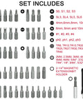 46 Piece Security Bit Set With Tamper Proof Torx Bits Square Drive Hex And Spanner Tools laid out with sizes listed