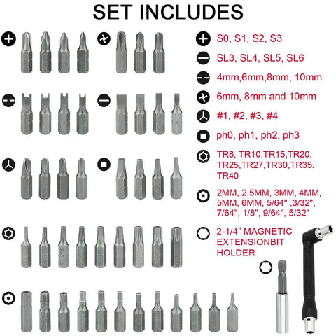 46 Piece Security Bit Set With Tamper Proof Torx Bits Square Drive Hex And Spanner Tools laid out with sizes listed