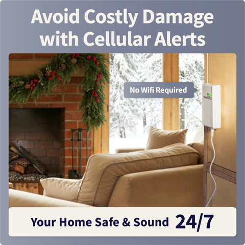 Cellular Temperature Humidity And Power Monitor For Homes And Remote Sites With 24 Seven Monitoring And Instant Alerts Made In USA Verizon Compatible For RVs Pet Safety Monitoring Second Homes And Greenhouses, white wall unit in living room