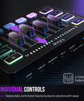 Close-up of Streaming Ready Gaming Audio Mixer With RGB PC Interface, XLR Mic Input, showing volume faders and control buttons.
