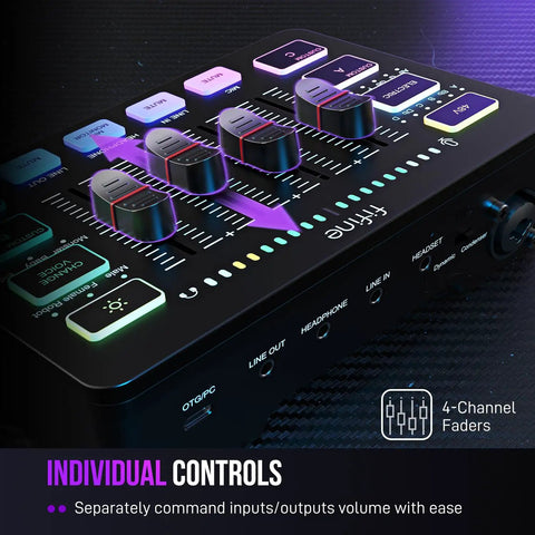 Close-up of Streaming Ready Gaming Audio Mixer With RGB PC Interface, XLR Mic Input, showing volume faders and control buttons.