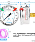 Heavy Duty Stainless Steel Liquid Filled Pressure Gauge 0 To 60 Psi, 2 1/2 Inch Dial, 1/4 NPT Thread, Center Back Mount, Side View
