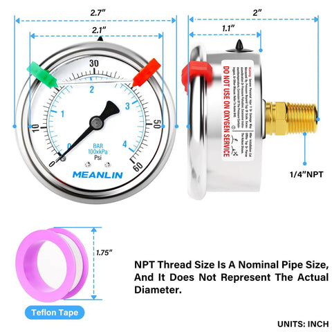 Heavy Duty Stainless Steel Liquid Filled Pressure Gauge 0 To 60 Psi, 2 1/2 Inch Dial, 1/4 NPT Thread, Center Back Mount, Side View