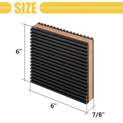 Heavy Duty Rubber And Cork Vibration Isolation Pads Four Pack Six Inch Industrial Shock Absorbers with size dimensions.