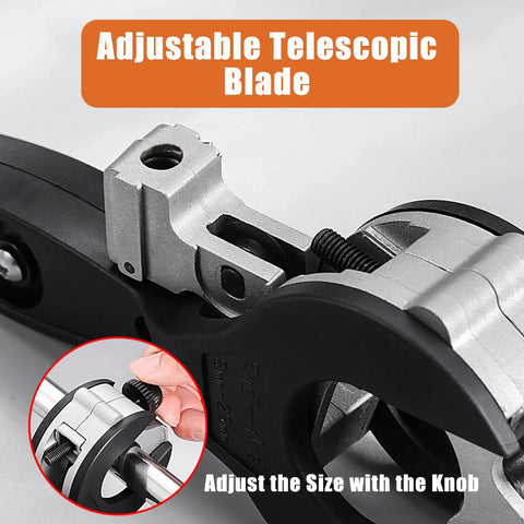 Close-up of 2 In 1 Ratcheting Pipe Cutter for tight spaces, adjustable telescopic blade for copper and PVC cuts, knob detail.