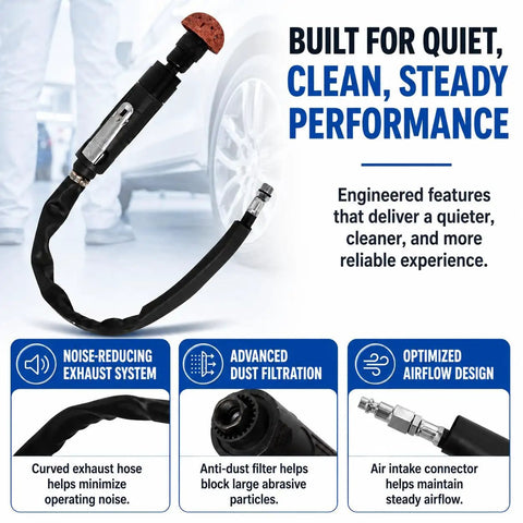 Heavy Duty Tire Patch Tools Kit With 2500 RPM Air Buffer detail with exhaust hose, ideal for noise reduction and airflow optimization.