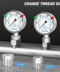 Stainless Steel Liquid Filled Pressure Gauge With 2.5 Inch Dial 0 To 200 PSI One Quarter Inch NPT Lower Mount Heavy Duty