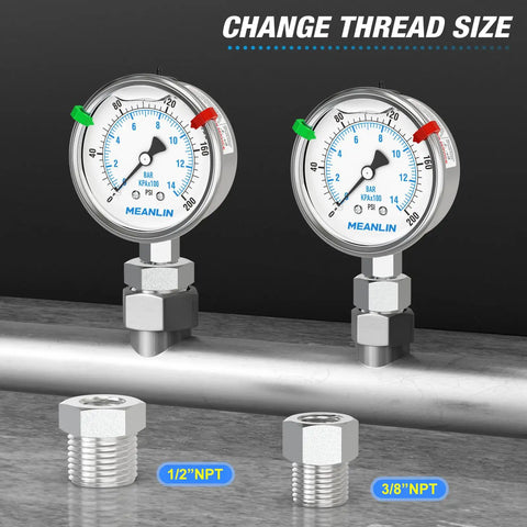 Stainless Steel Liquid Filled Pressure Gauge With 2.5 Inch Dial 0 To 200 PSI One Quarter Inch NPT Lower Mount Heavy Duty