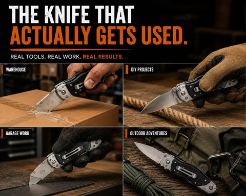 Heavy Duty Folding Utility Knife With Belt Clip EDC Pocket Knife And Box Cutter Gift Set for Men in various usage scenarios.