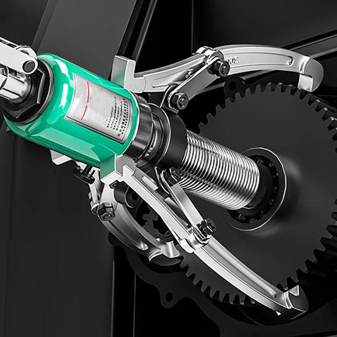 Close-up of Heavy Duty Two Or Three Jaw Interchangeable Bearing Puller Kit Forged Alloy Steel Gear Gripper tool in action.