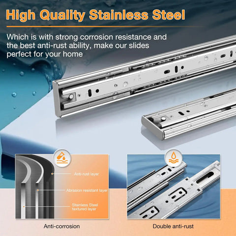 Close-up of Built Tough Stainless Steel Soft Close Drawer Slides with anti-rust coating and full extension design, perfect for kitchen.