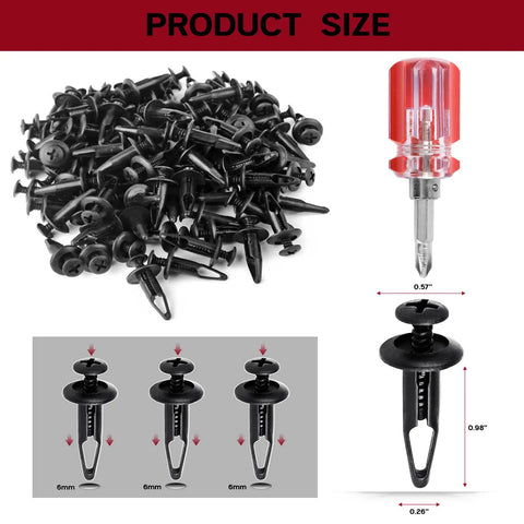 100 PC ATV Fastener Kit For Yamaha Grizzly And Rhino, showing push retainer clips and size chart, 6mm hole fit, durable plastic rivets.