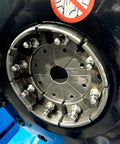 Close-up of Heavy Duty Vertical Electric Hydraulic Hose Crimping Machine With Rock Solid Alloy Steel Dies showing alloy die set and fittings.