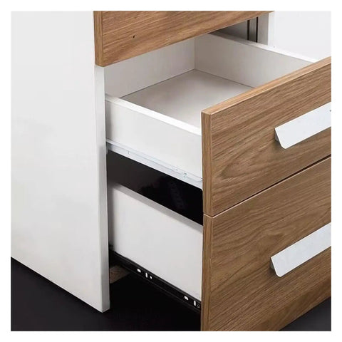 Open drawer showing heavy duty drawer track slides and dual cabinet rails for smooth glide in desks and tables, 20 inch length.