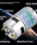 Image of a 12V 775 DC Motor with high torque up to 20,000 RPM, dual ball bearing, built-in cooling fan, labeled components, metal back cover.