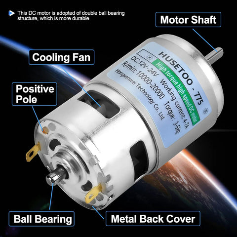 Image of a 12V 775 DC Motor with high torque up to 20,000 RPM, dual ball bearing, built-in cooling fan, labeled components, metal back cover.
