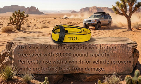 3 Inch Wide 8 Foot Tree Saver Strap With Loops Heavy Duty Winch And Recovery Tow Strap 30000 Lbs MBS on desert rock