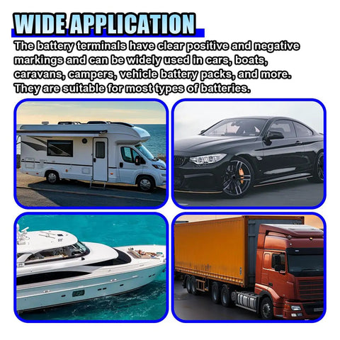 Heavy Duty Car And Marine Battery Terminal Connector Kit With Pure Copper Clamps Top Post Battery Cable Lug 2 Gauge Heat Shrink Tubing Anti Corrosion Covers shown on RV, car, yacht, and truck.