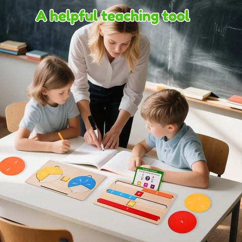 Children using Wooden Fraction Tiles And Circles Set For Kid Friendly Hands On Math Manipulatives in classroom setting.